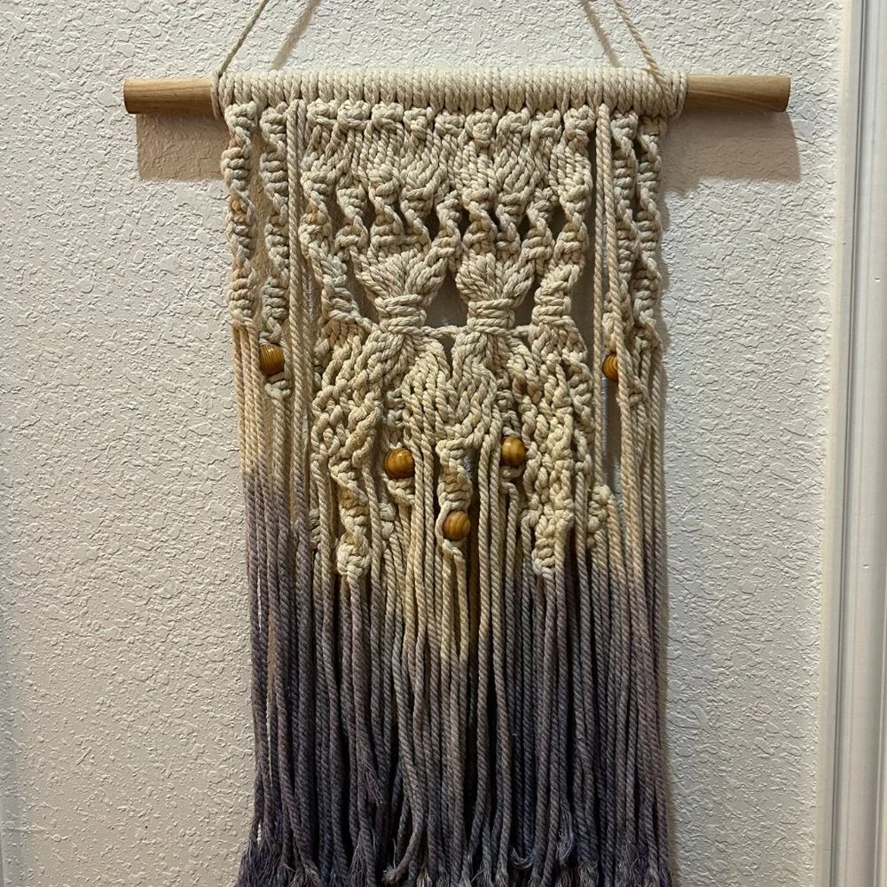 Purple Cream Ombre Wall Art Hanging Macrame Wood Beads Bohemian Woven